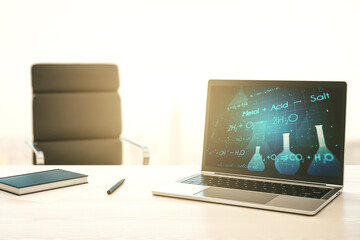 Creative chemistry hologram on modern laptop monitor, pharmaceutical research concept. 3D Rendering