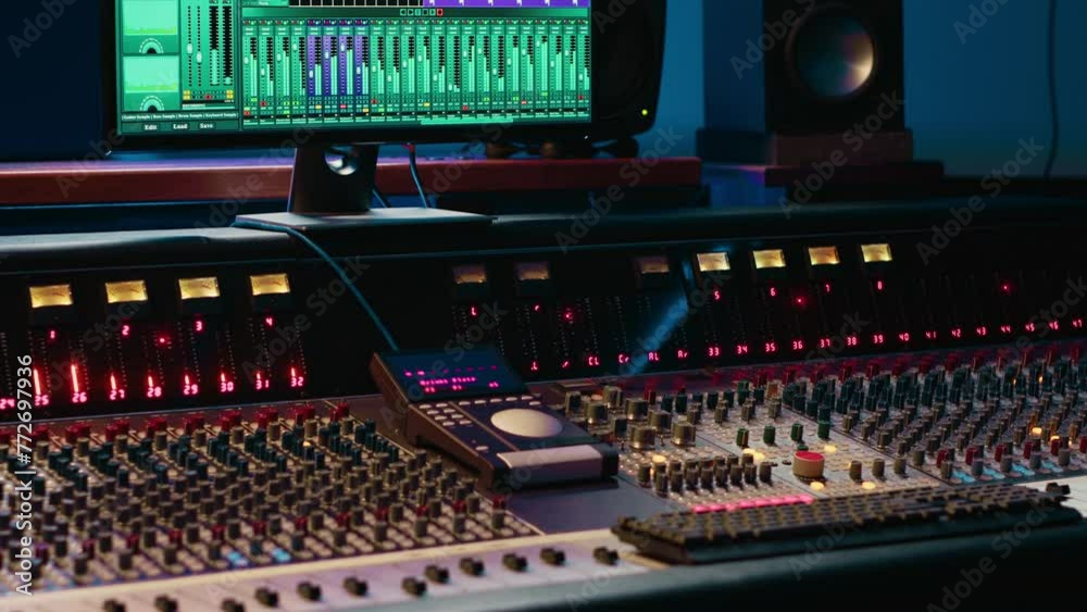 Aufkleber professional studio control room with pre amp knobs and faders, key buttons on recording desk, sound