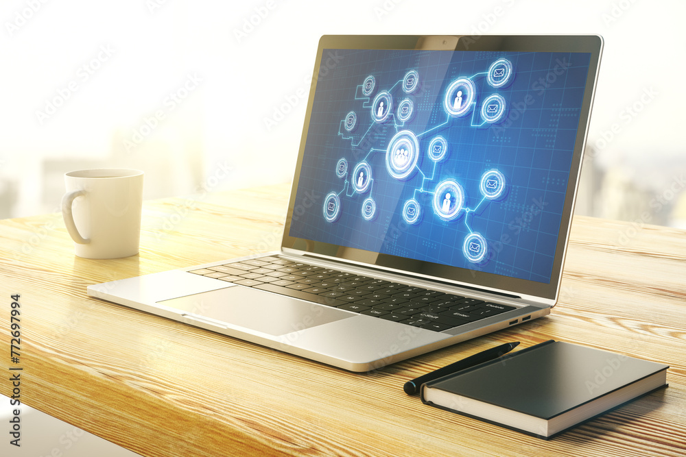 Poster social network concept on modern laptop screen. 3d rendering
