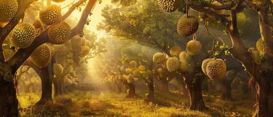 A durian orchard at sunrise with the morning light filtering through the trees - obrazy, fototapety, plakaty