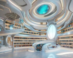 A futuristic library with floating bookshelves and holographic reading areas
