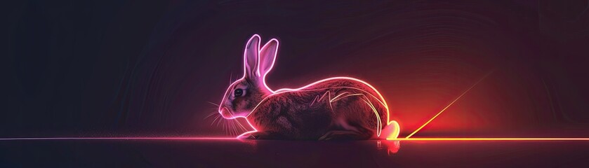 A minimalist design of a rabbit outlined in neon against a dark background - obrazy, fototapety, plakaty