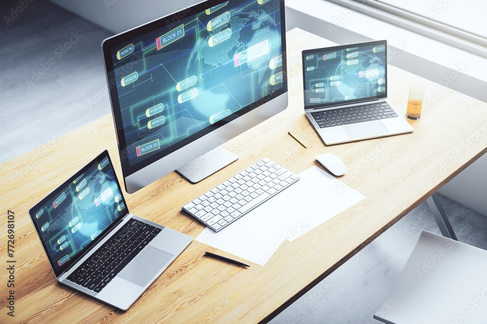 Aufkleber Modern computer display with abstract programming language hologram and world map, artificial intelligence and neural networks concept. 3D Rendering