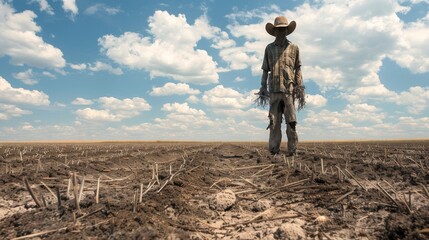 A lone scarecrow standing tall in a barren burned field surrounded by scorched soils and sweltering heat representing the futility of protecting crops in the face of intense