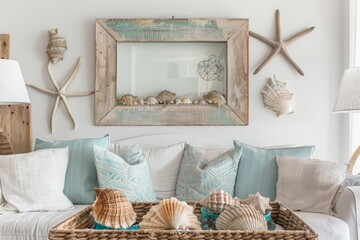 Property with couch, wicker tray of seashells and starfish. Real estate photo