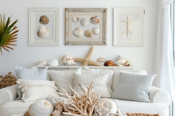 Fototapeta na wymiar Living room with a white couch, seashell table, wood flooring, and plant decor