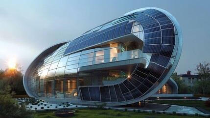 An energy-efficient building with a facade made of solar panels shaped like a giant sundial - obrazy, fototapety, plakaty