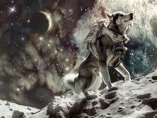 A Siberian husky in a space suit posed as if walking on the moon against a cosmic backdrop