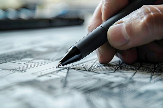Close-up of a digital artists pen stylus hovering over a graphic tablet capturing the moment of creation