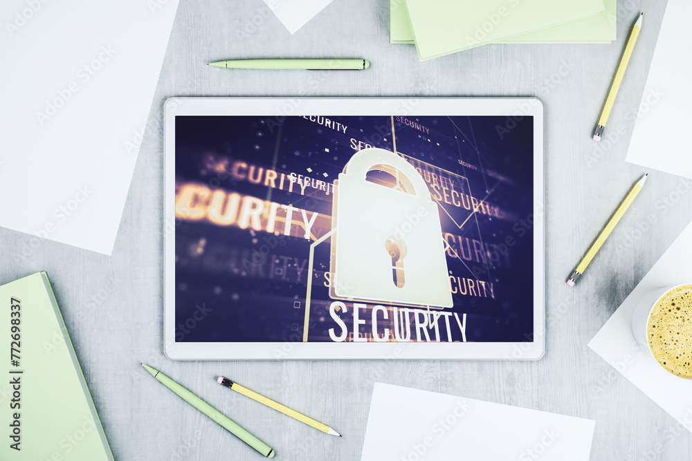 Poster Modern digital tablet display with creative light lock illustration and microcircuit, cyber security concept. Top view. 3D Rendering