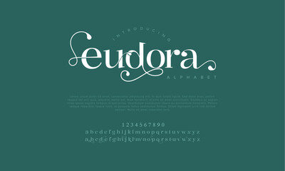 Eudora premium luxury elegant alphabet letters and numbers. Vintage wedding typography classic serif font decorative vintage retro. Creative vector illustration