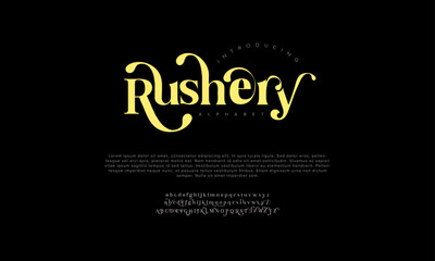 Rushery premium luxury elegant alphabet letters and numbers. Vintage wedding typography classic serif font decorative vintage retro. Creative vector illustration