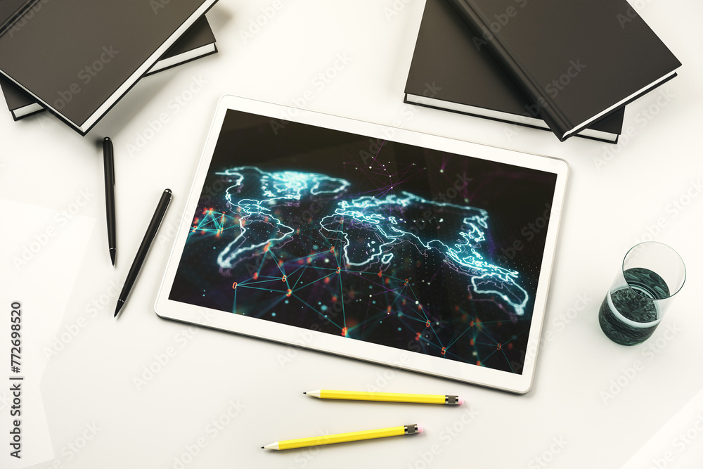 Poster abstract creative world map on modern digital tablet monitor, tourism and traveling concept. top vie