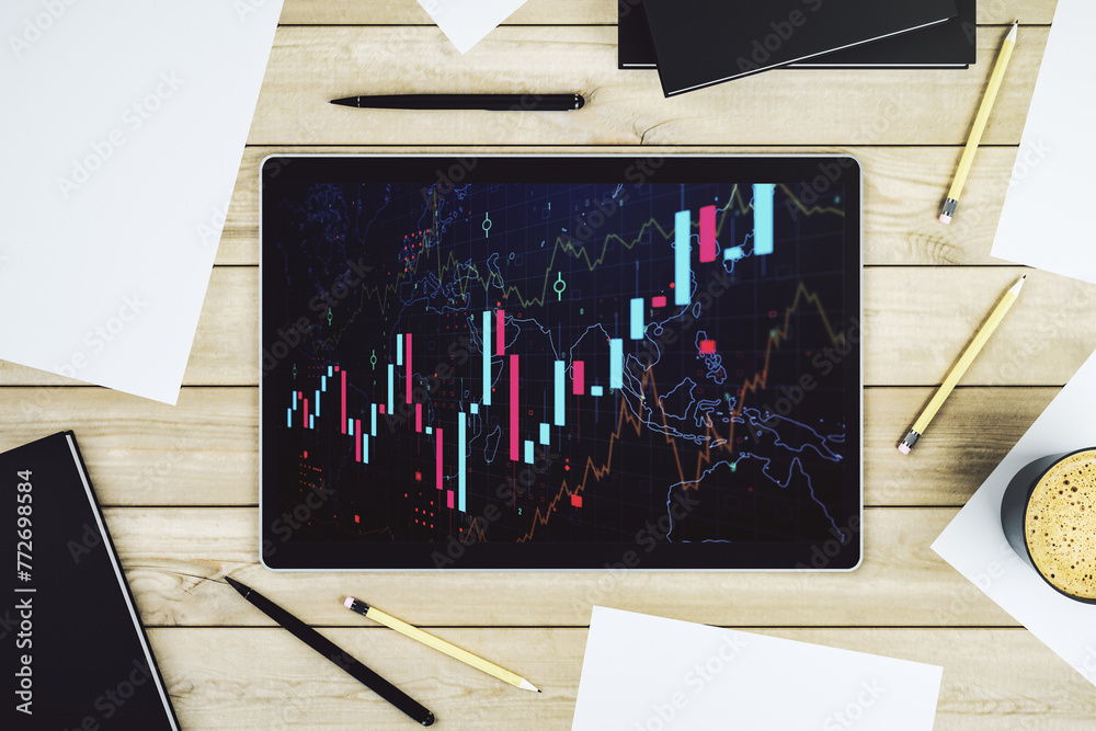 Poster modern digital tablet monitor with abstract creative financial chart, research and analytics concept