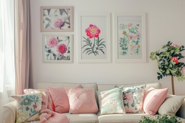 Aqua pillows on a pink couch in a living room with paintings on the wall