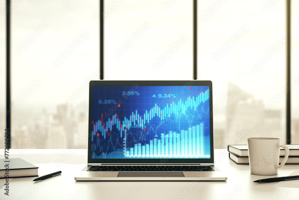 Poster abstract creative financial diagram on modern computer monitor, banking and accounting concept. 3d r