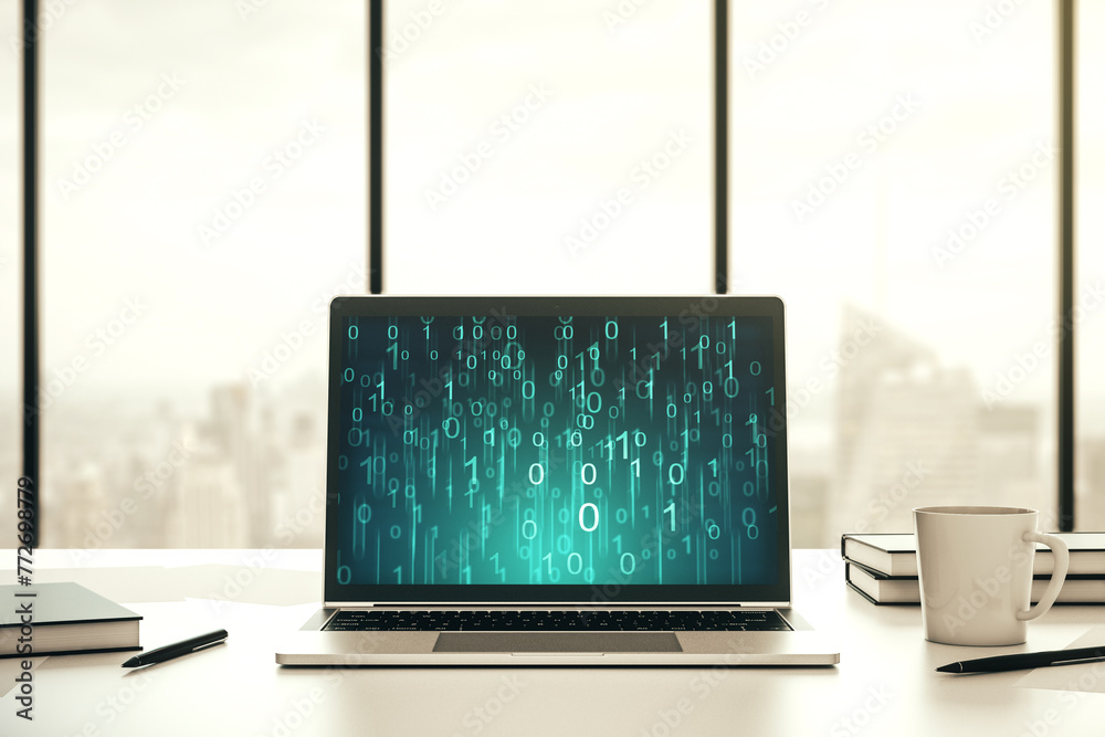 Aufkleber Creative abstract binary code hologram on modern computer monitor, AI and machine learning concept. 3D Rendering