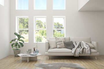 White living room with sofa and summer landscape in window. Scandinavian interior design. 3D illustration
