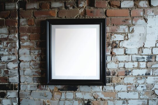 Rectangle wood picture frame displayed on brick wall in room