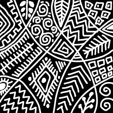 Black and white tribal ethnic seamless pattern. Hand drawn vector illustration.