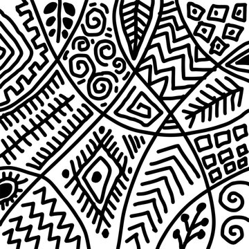 Black and white tribal ethnic seamless pattern. Hand drawn vector illustration.