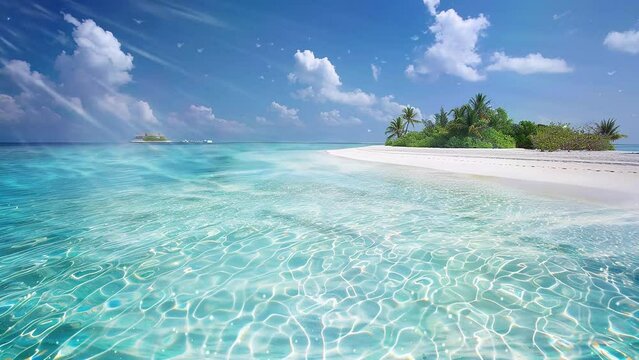 tropical escape. a serene beach scene with a small island. seamless looping overlay 4k virtual video animation background