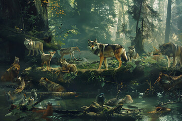 Illustration of a Wolf's Keystone Role in a Biodiverse Ecosystem  - obrazy, fototapety, plakaty