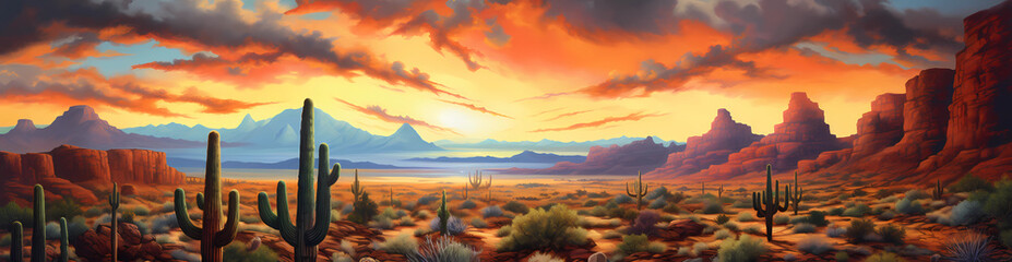  A beautiful desert landscape with cacti and mountains in the background, orange sky with clouds