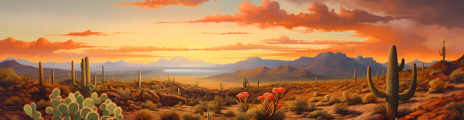  Painting of the Arizona desert with cacti and mountains, sunset sky, orange clouds, with an arizona lake in background 