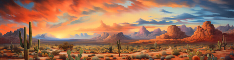  Desert landscape with cacti and mountains, sunset sky, orange and red blue color palette, in the...
