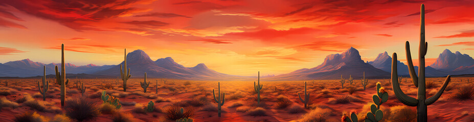 A digital painting of an arizona desert at sunset, with cacti and mountains in the background