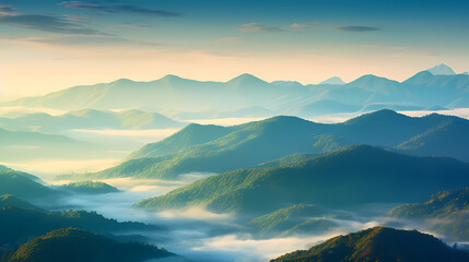 Fototapeta na wymiar Beautiful sunrise at misty morning mountains