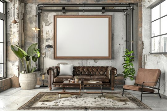 An interior design with a couch, chairs, and a picture frame on the wall