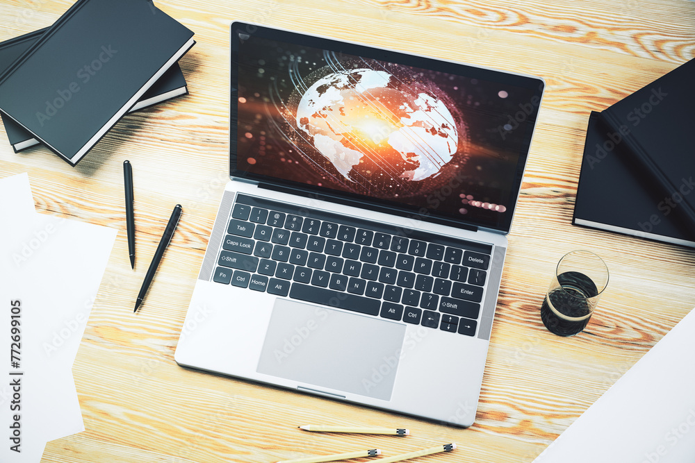 Aufkleber Modern computer display with abstract graphic world map, big data and networking concept. 3D Rendering