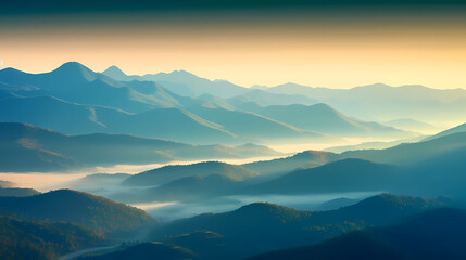 Beautiful sunrise at misty morning mountains