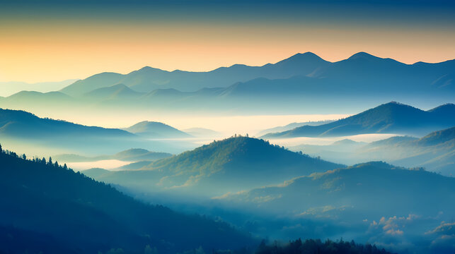 Beautiful sunrise at misty morning mountains