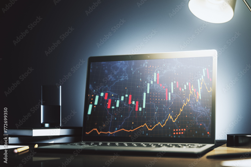 Poster Abstract creative financial graph with world map on modern laptop screen, forex and investment concept. 3D Rendering