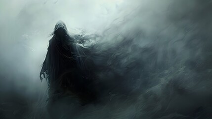 Spectral Wraith Drifting Through Misty Veil in Dark Ambiance - obrazy, fototapety, plakaty