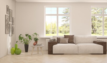 White living room with sofa and summer landscape in window. Scandinavian interior design. 3D illustration