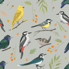Seamless pattern with cartoon forest birds, leaves and berries. Woodpecker, starling, magpie, yellow hammer, tit, nuthatch.