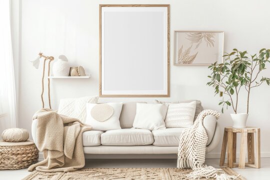 Living room with wood furniture, rectangle picture frame, couch, and plant