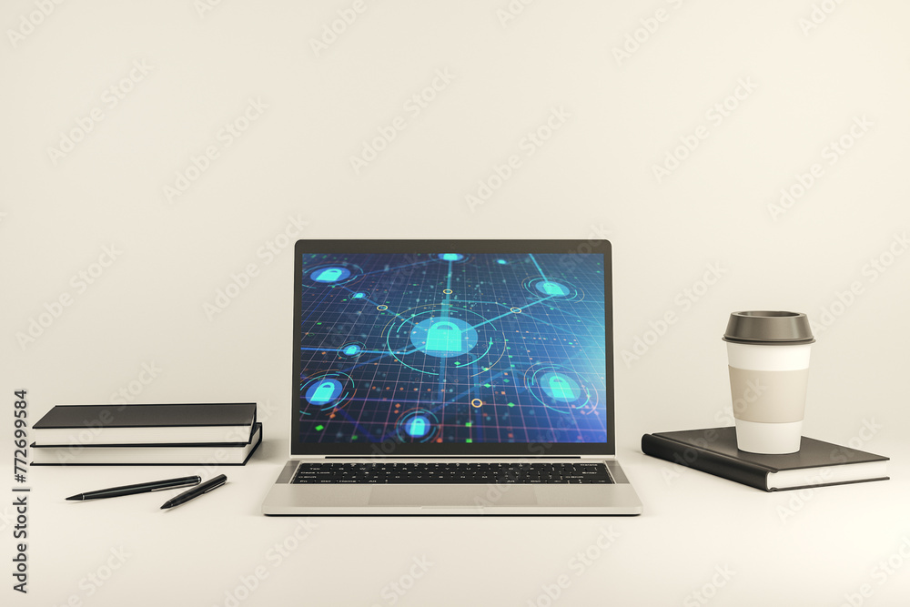 Poster Modern computer monitor with creative lock hologram and chip. Information security concept. 3D Rendering