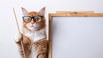 Intelligent and cute cat with glasses teaching on the whiteboard