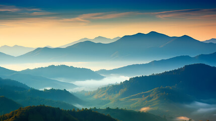 Fototapeta na wymiar Beautiful sunrise at misty morning mountains