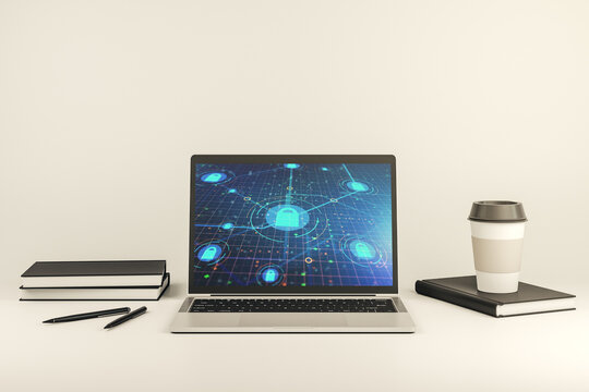 Modern computer monitor with creative lock hologram and chip. Information security concept. 3D Rendering