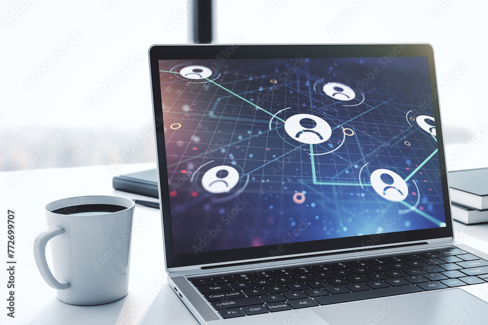 Aufkleber Modern computer display with social network icons concept. Networking concept. 3D Rendering