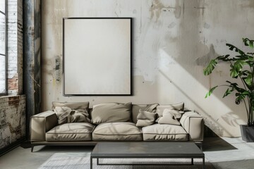 Comfortable living room with a wooden couch, coffee table, and wall art