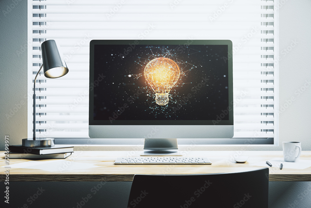 Poster creative light bulb illustration on modern computer monitor, future technology concept. 3d rendering