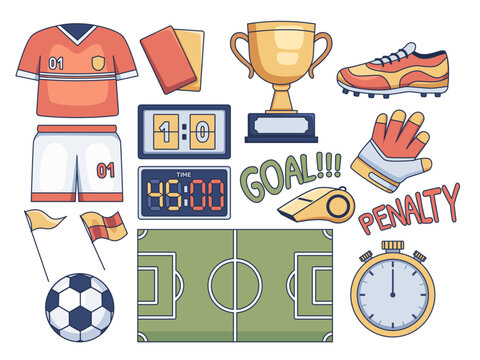 Clip art illustration collection featuring various football elements such as football/soccer balls,  jerseys, cleats, whistles, referee cards, etc.