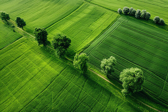 Aerial view of green field with trees for background